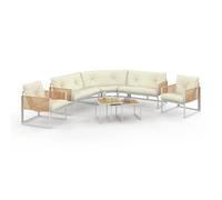 IDMarket - Salón de jardín bajo Rio 8 plazas salón esquinero | Estructura metálica blanca y cuerda efecto ratán, con cojines beige