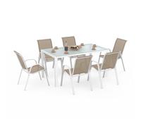 IDMarket - Salón de jardín Madrid Mesa 150 CM y 6 sillas apilables blanco y beige