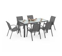 IDMarket - Salón de jardín Madrid Mesa 150 cm y 6 sillas apilables Gris Antracita Bandeja Clara