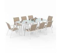 IDMarket - Salón de jardín Madrid Mesa 190 cm y 8 sillas apilables blanco y beige