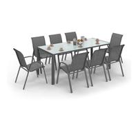 IDMarket - Salón de jardín Madrid Mesa 190 cm y 8 sillas apilables Gris Antracita Bandeja Transparente