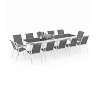 IDMarket - Salón de jardín Madrid Mesa extensible 135-270 cm y 12 sillas apilables blanco y gris