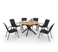 IDMarket - Salón de jardín Messina Mesa redonda 120 cm Pie araña Bandeja efecto madera y 6 sillas apilables negras