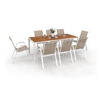 IDMarket - Salón de jardín NOUMEA Mesa de 190 cm Bandeja de cristal templado efecto madera y 8 sillas apilables blanco y madera