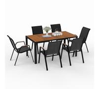 IDMarket - Salón de jardín NOUMEA Mesa de cristal templado efecto madera y 6 sillas apilables negro y madera