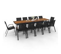 IDMarket - Salón de jardín NOUMEA Mesa extensible 135/270 cm, bandeja efecto madera y 12 sillas apilables negro y madera