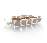 IDMarket - Salón de jardín NOUMEA Mesa extensible 135/270 cm, tablero de vidrio templado con efecto de madera y 12 sillas apilables, blanco y madera