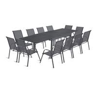 IDMarket - Salón de jardín Poly extensible mesa 135-270 cm y 12 sillas, color gris oscuro