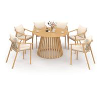 IDMarket - Salón de jardín SOLAL mesa redonda 120 cm 6 sillas con tiras | Con patas de metal y cojines beige