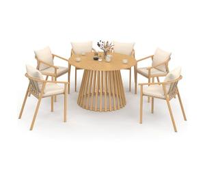 IDMarket - Salón de jardín SOLAL mesa redonda 120 cm con patas de metal y 6 sillas de jardín con tiras y cojines beige