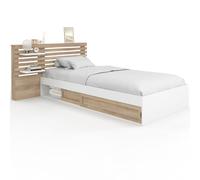 IDMarket Savana - Cama individual 90 x 190 cm Madera y Blanco | Con somier, almacenamiento debajo de la cama, cabecera efecto listones y mesitas de noche