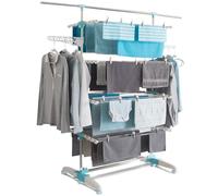 IDMarket - Secador de ropa vertical plegable de 4 niveles de capacidad óptima 30 m con barra telescópica blanca y azul