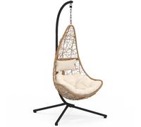 IDMarket - Silla colgante de media luna con efecto de ratán calado con cojín color crudo