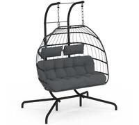 IDMarket - Sillón colgante de huevo calado de 2 plazas, efecto ratán gris con cojín gris