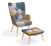 IDMarket - Sillón escandinavo Ivar con reposapiés, tejido de retales multicolor