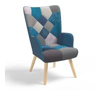 IDMarket - Sillón escandinavo IVAR en tejido patchwork y terciopelo azul