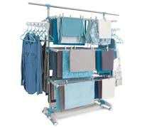 IDMarket - Tendedero vertical plegable 3 niveles óptima capacidad 30 m con barra telescópica perchas y pinzas blanco y azul