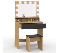 IDMarket - Tocador Zelia haya y negro espejo LED con 4 nichos, 1 cajón y taburete