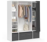 IDMarket - Vestidor doble armario DIANE 140 x 45 x 167 cm, color blanco con estantes + cajas de almacenamiento + cortina gris