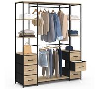 IDMarket - Vestidor doble armario + doble columna L. Utah 140 cm con 6 estantes y 6 bandejas de tela de madera y negro