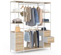 IDMarket - Vestidor doble armario UTAH L. 140 cm madera y blanco | Con doble armario y doble columna con 6 estantes y 6 bandejas de tela de madera y blanco