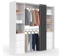 IDMarket - Vestidor extensible doble MERYL 120/180 cm blanco con 6 cajones + estantes + doble armario + cortina gris, Almacenaje Organizador Ropa