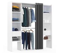 IDMarket - Vestidor extensible doble MERYL 120/180 x 50 x 180 cm blanco con estantes + doble colgador + cortina gris