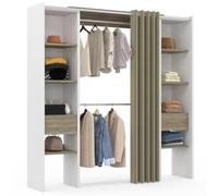 IDMarket - Vestidor extensible doble MERYL 120/180 x 50 x 180 cm, color blanco con estantes de haya + doble armario + cortina topo