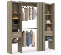 IDMarket - Vestidor extensible doble MERYL 120/180 x 50 x 180 cm haya con estantes + doble armario + cortina topo