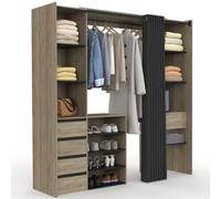 IDMarket - Vestidor extensible doble XXL MERYL 120/180 cm haya con cajones + estantes + armario + cortina negra