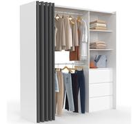 IDMarket - Vestidor extensible MARTY 120/170 x 50 x 180 cm blanco con 3 cajones + estantes + doble armario + cortina gris