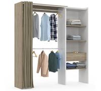IDMarket - Vestidor extensible Marty 120/170 x 50 x 180 cm, color blanco con estantes de haya + doble armario + cortina topo