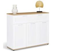IDMarket VITO - Aparador de 100 cm, 3 puertas y 1 cajón, color blanco y encimera de madera