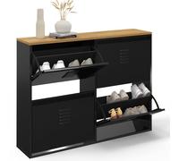 IDMarket - Zapatero 20 pares ESTER 4 puertas metal negro y bandeja madera diseño industrial
