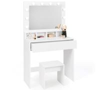 IDMarket Zelia - Tocador con espejo y luces LED, 4 compartimentos abiertos, 1 cajón y taburete