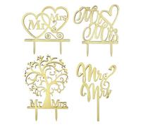 IDNVFY 4 Piezas De Insertos De Tarjetas De Madera Hueca, Decoraciones De Pasteles Y Complementos para Marido Y Mujer, Adecuados para Bodas, Compromiso Y Aniversario.