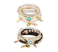 IDNVFY Juego De Pulseras Multicapa De Ojo De Diablo De 2 Piezas, Pulsera De Cuentas Bohemias, Pulsera Elástica con Cole De Palma (Blanco, Negro).