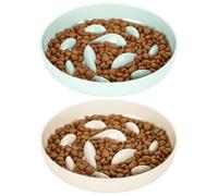 IDOGCHEW - Juego de 2 cuencos antiglotones para gatos - Plato de dieta antivómitos para gatos glotones, cuenco plano con base antideslizante para comer lentamente (blanco y verde pescado, redondo)