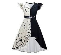 IDOPIP Disfraz Cruella Deville para Niñas 2021 Dálmatas Cruela Vestido Negro Blanco Manchado Niñas Halloween Carnaval Cosplay Traje de Fiesta Cruella #2 9-10 Años
