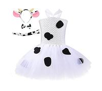 IDOPIP Disfraz de Cruella Deville para Niñas Chicas 101 Dálmatas Vestido de Tul con Cola Diadema Halloween Carnaval Cumpleaños Fiesta Cosplay Traje Vaca 10-12 Años