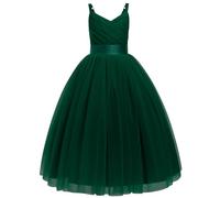 IDOPIP La Niña de las Flores Princesa Vestido Largo Plisado Boda Dama de honor Vestido De Fiesta Bordado Flor Encaje Elegante Cuello en V, verde oscuro, 8-9 Años