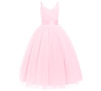IDOPIP La Niña de las Flores Princesa Vestido Largo Plisado Boda Dama de honor Vestido De Fiesta Bordado Flor Encaje Elegante Cuello en V, rosa claro, 8-9 Años