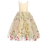 IDOPIP La Niña de las Flores Princesa Vestido Largo Plisado Boda Dama de honor Vestido De Fiesta Bordado Flor Encaje Elegante Cuello en V, beige, 5-6 Años