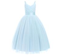 IDOPIP La Niña de las Flores Princesa Vestido Largo Plisado para Boda Dama de Honor Vestido de Baile con Bordado Floral, Encaje Elegante, Cuello en V, azul claro, 9-10 Años