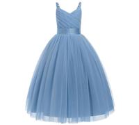 IDOPIP La Niña de las Flores Princesa Vestido Largo Plisado para Boda Dama de Honor Vestido de Baile con Bordado Floral, Encaje Elegante, Cuello en V, azul gris, 13-14 Años