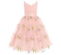 IDOPIP La Niña de las Flores Princesa Vestido Largo Plisado para Boda Dama de Honor Vestido de Baile con Bordado Floral, Encaje Elegante Cuello en V, Rosa amarilla., 9-10 Años
