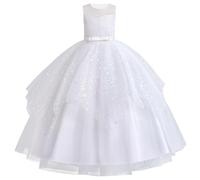 IDOPIP Vestido de flores para niñas, encaje bordado, con lazo, sin mangas, tul, boda, dama de honor, cumpleaños, fiesta formal, vestido largo para concurso de graduación, blanco, 12-13 años
