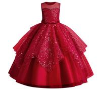 IDOPIP - Vestido para niño, niña, boda, encaje, tul sin mangas, bordado con cuentas de arco de dama de honor, cumpleaños, fiesta, princesa, vestido de fiesta largo, rojo, 12-13 Years