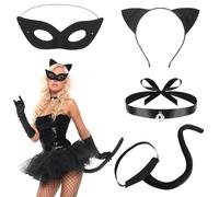 Idota 4 piezas de disfraz de gato para mujer, adulto, cosplay, juego de disfraz con orejas de gato, diadema de cola de peluche, collar y máscaras para Halloween, carnaval, fiesta de disfraces, cosplay