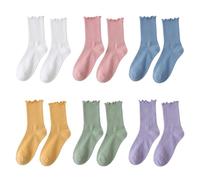 IDRBEH 6Pares Calcetines con Volantes para Mujer, Suave y Transpirable, alcetines de algodón suave a media pantorrilla, Caña con Borde Fruncido para Looks Casual y Faldas, Diseñados para Mujeres Niñas